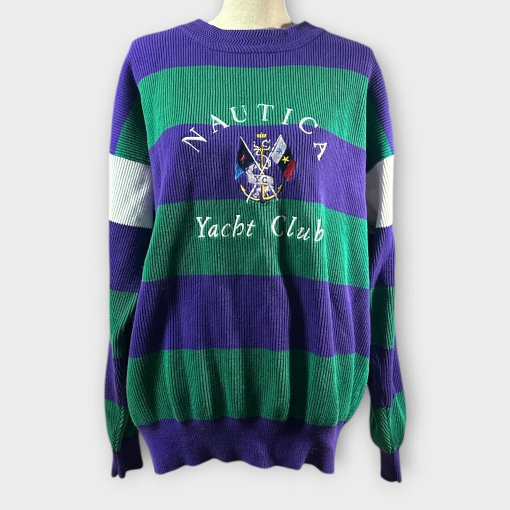 Vintage Nautica Men's Sz L 90s Yacht Club Color Block Knit Ribbed Sweater‎ Retro